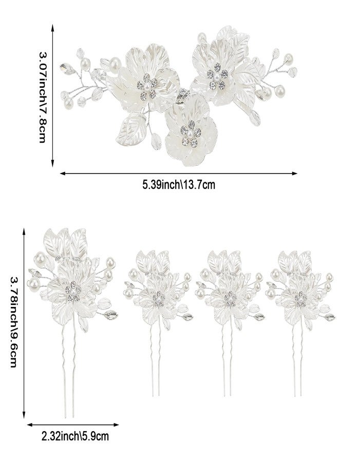 Capiant 5 Pack Bridal Flower Wedding Hair Pins, Silver Wedding Hair Piece, Crystal Pearl Hair Clips, for Brides, Bridesmaids, Women, Girls Updo - Image 2